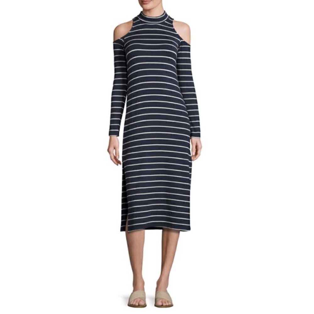 Splendid Striped Navy Cold Shoulder Midi Dress